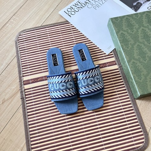 Gucci Denim Slides - Embroidered Logo - Summer Beach Style - Women's