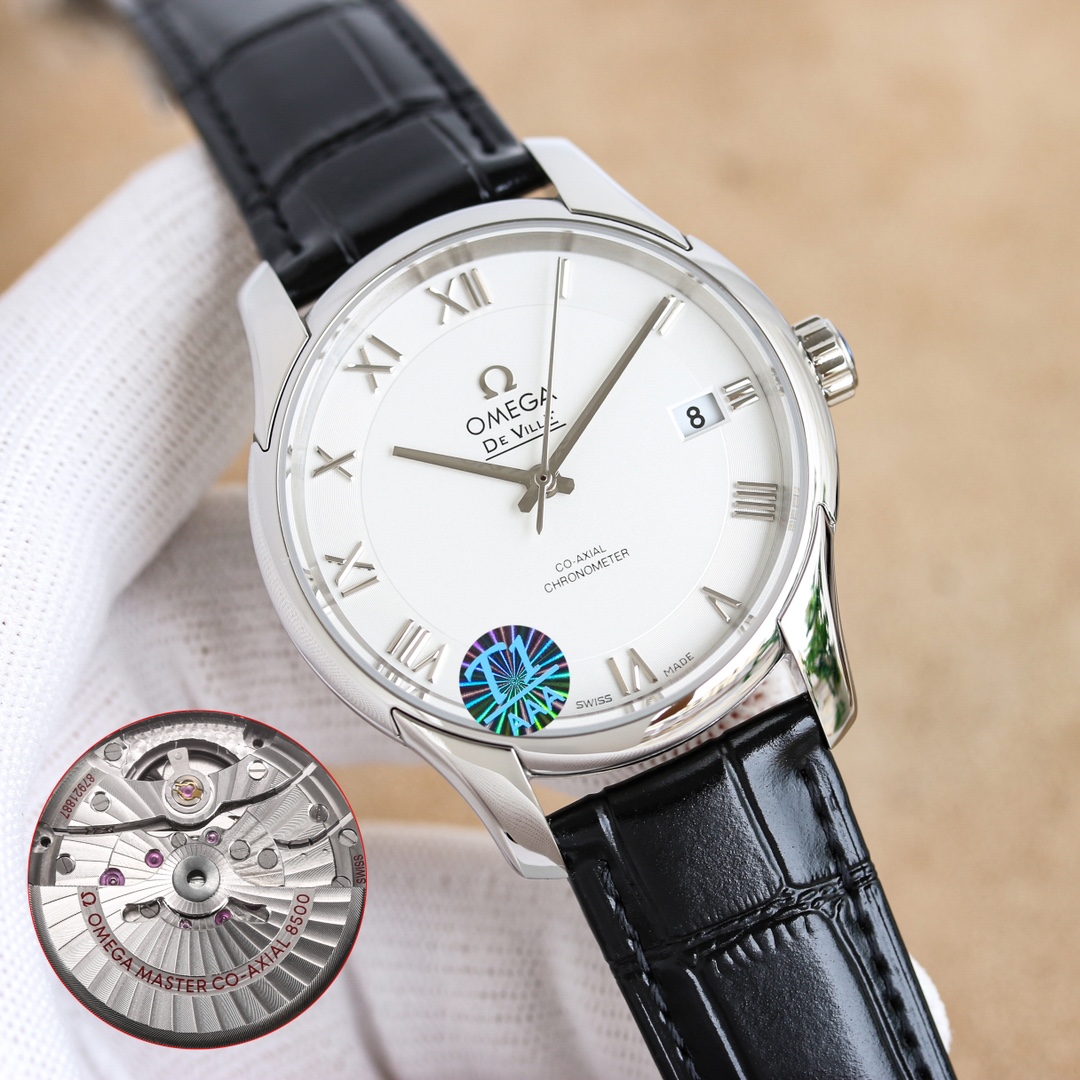 OMF欧米碟飞系列搭载同轴8500机芯上市！ 1.工厂自改2824黑摆轮。包括日历字体大小。 2.字面分体罗马全部cnc，精雕细磨亮闪闪。字体印刷更是多次改版。 3.表壳41mm尺寸，全走cnc，再精磨，给你光滑细腻镜子般效果。 4.表扣为达到原装效果，不断修改更新，无论结构打磨。 5.上下蓝宝石玻璃镜面，面玻璃更是做了镀高清膜工艺。