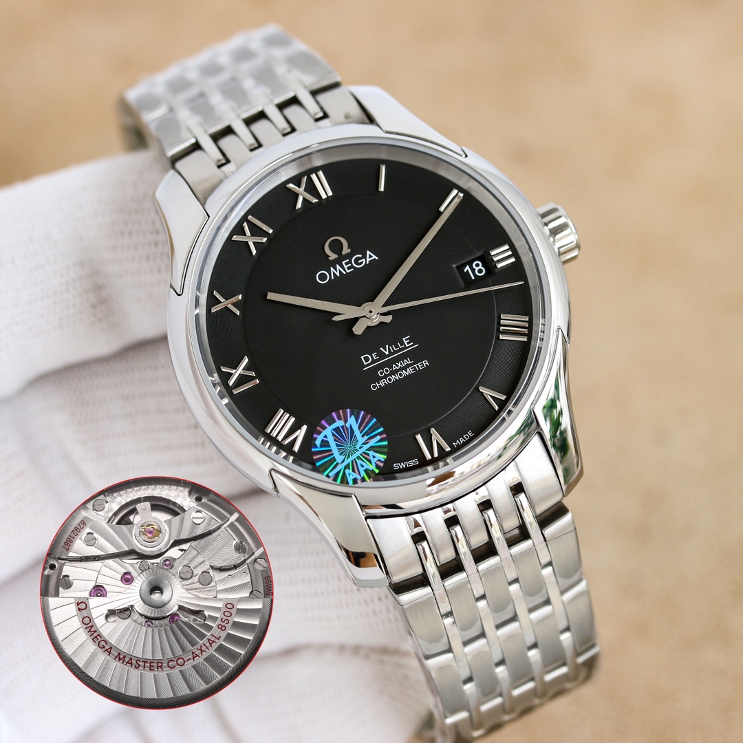 OMF欧米碟飞系列搭载同轴8500机芯上市！ 1.工厂自改2824黑摆轮，包括日历字体大小。 2.字面分体罗马全部cnc，精雕细磨亮闪闪。字体印刷更是多次改版。 3.表壳41mm尺寸，全走cnc，再精磨，给你光滑细腻镜子般效果。 4.表扣为达到原装效果，不断修改更新，无论结构打磨。 5.上下蓝宝石玻璃镜面，面玻璃更是做了镀高清膜工艺。