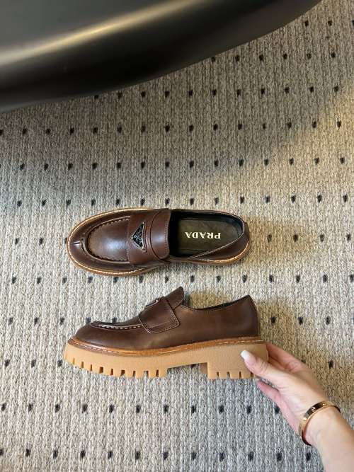 Prada Women's Brown Leather Lug Sole Loafers with Triangle Logo 1 Prada Women's Brown Leather Lug Sole Loafers with Triangle Logo
