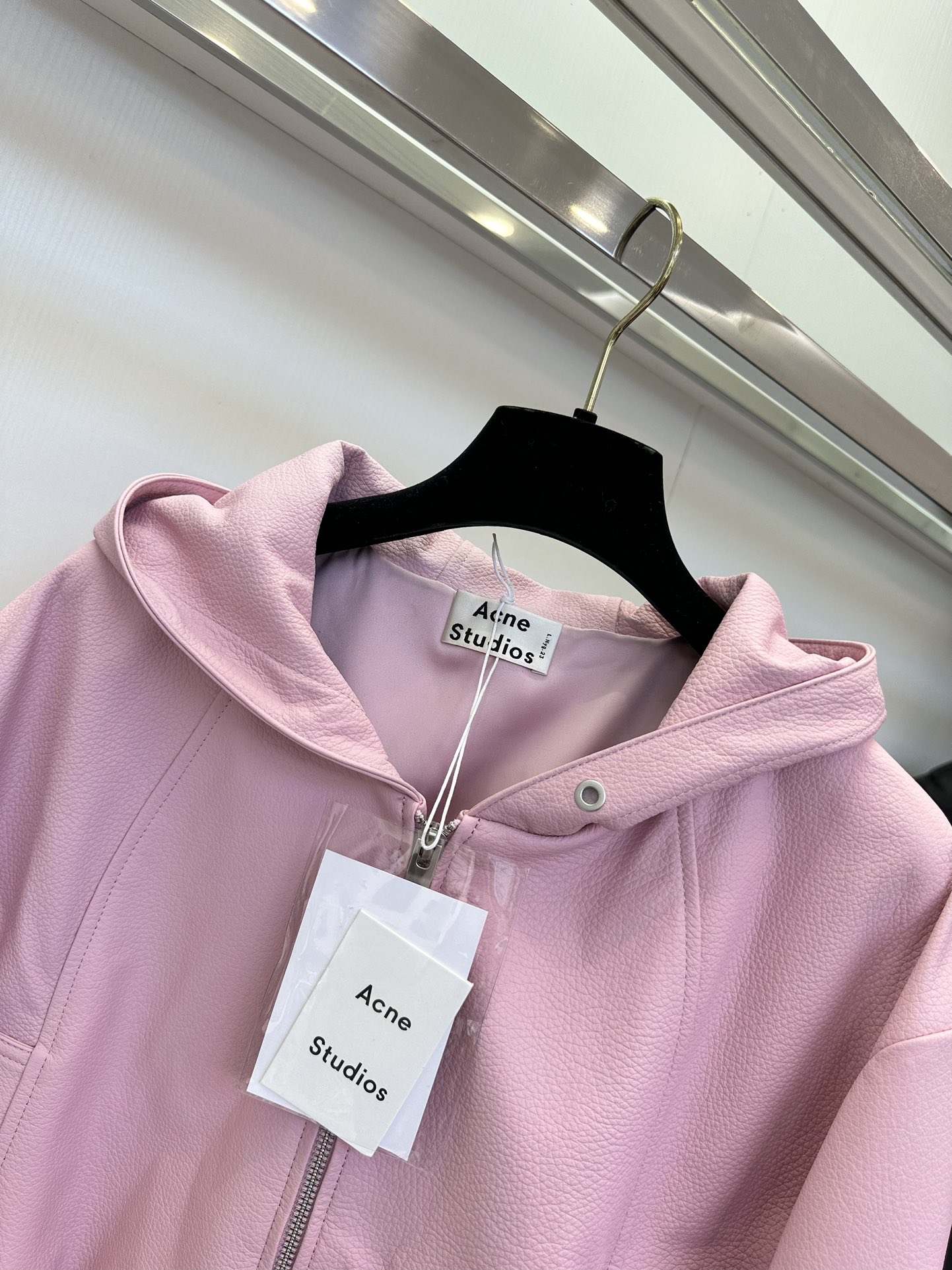Pink Leather Jacket Women's Hooded Baseball Style, Genuine Cowhide, S-L 5 i1723521538 4974 3