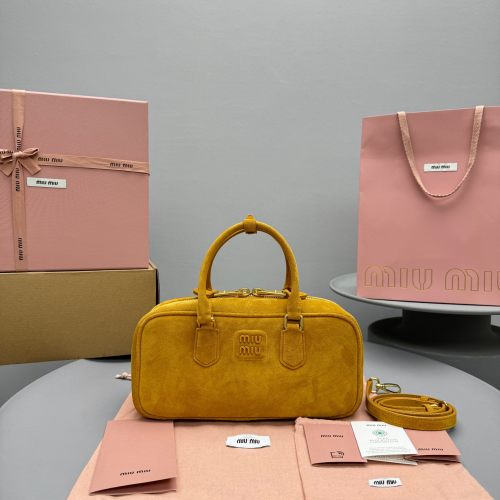 Miu Miu Retro Suede Top Handle Bag, Small Handbag, Crossbody Bag - Yellow 1 Miu Miu Retro Suede Top Handle Bag, Small Handbag, Crossbody Bag - Yellow