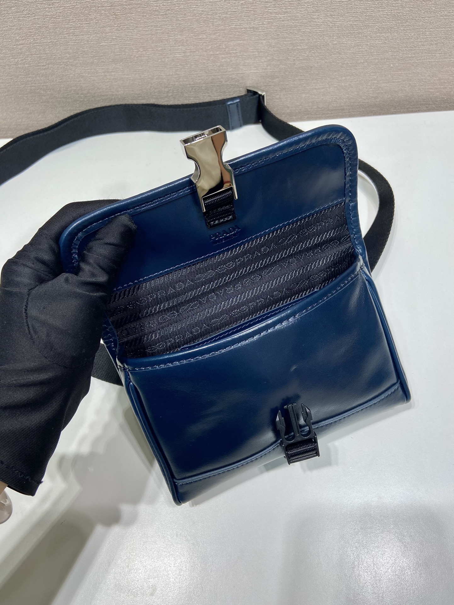 Prada Leather Small Messenger Bag with Adjustable Nylon Strap, Blue 7 i1723965907 8927 0