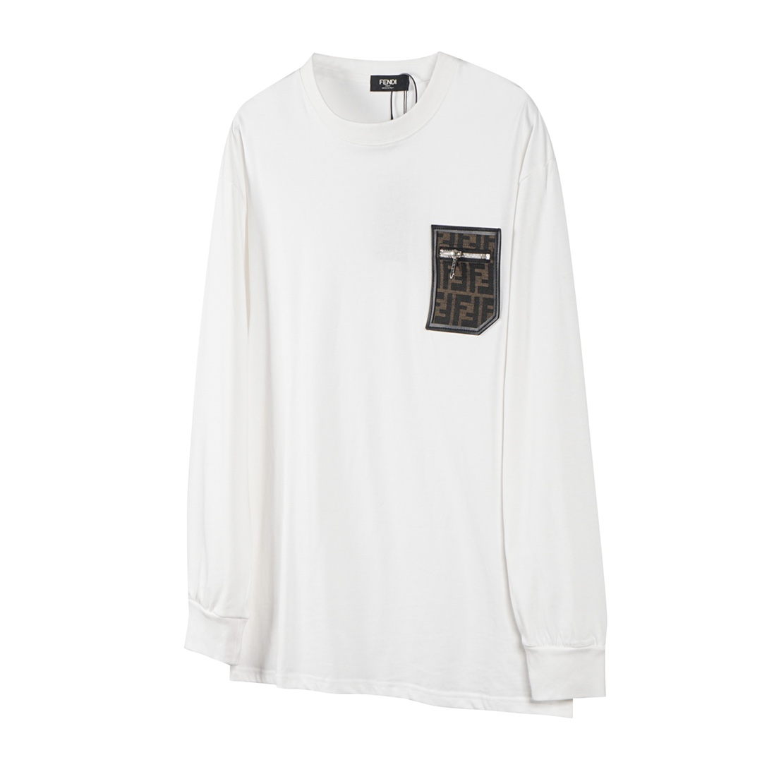 「F19」 FENDI/Fendi 24FW camiseta de manga larga con etiqueta de cuero en el pecho y estampado completo, algodón personal…