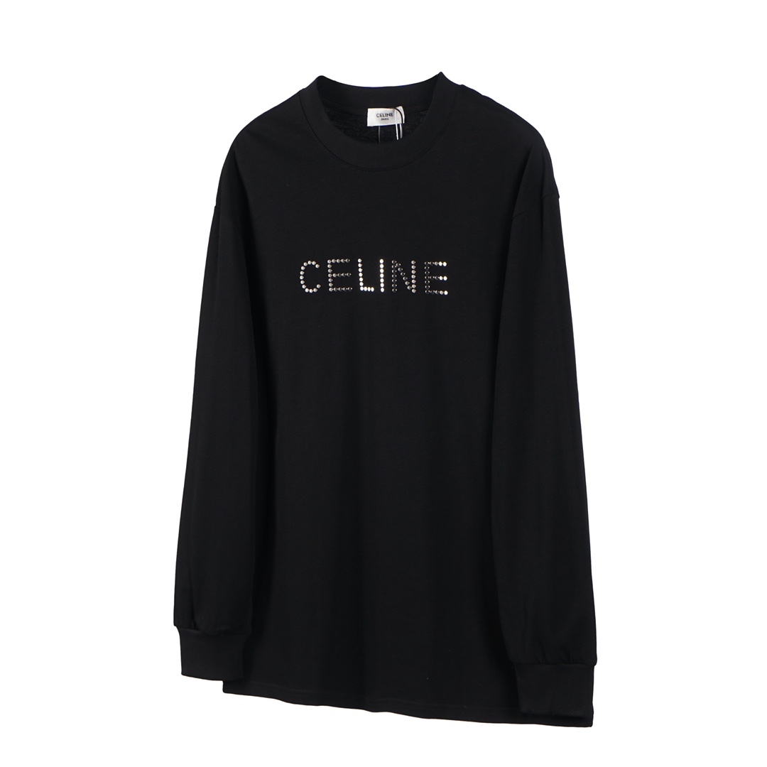 「CE11」 CELINE /塞琳 24ss camiseta de manga larga con tachuelas metálicas, algodón personalizado de 260g doble hilo, tela …