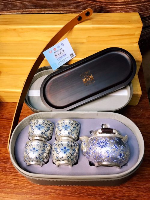 999 Sterling Silver Tea Set with Blue Floral Enamel, Gift Box, LOEWE Tray 1 999 Sterling Silver Tea Set with Blue Floral Enamel, Gift Box, LOEWE Tray