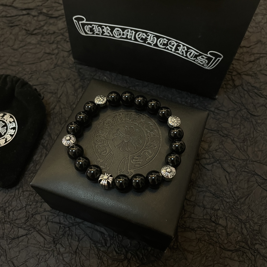 Chrome Hearts Classic Vintage Multi-Motif Obsidian Beaded Bracelet - Comprehensive 7
