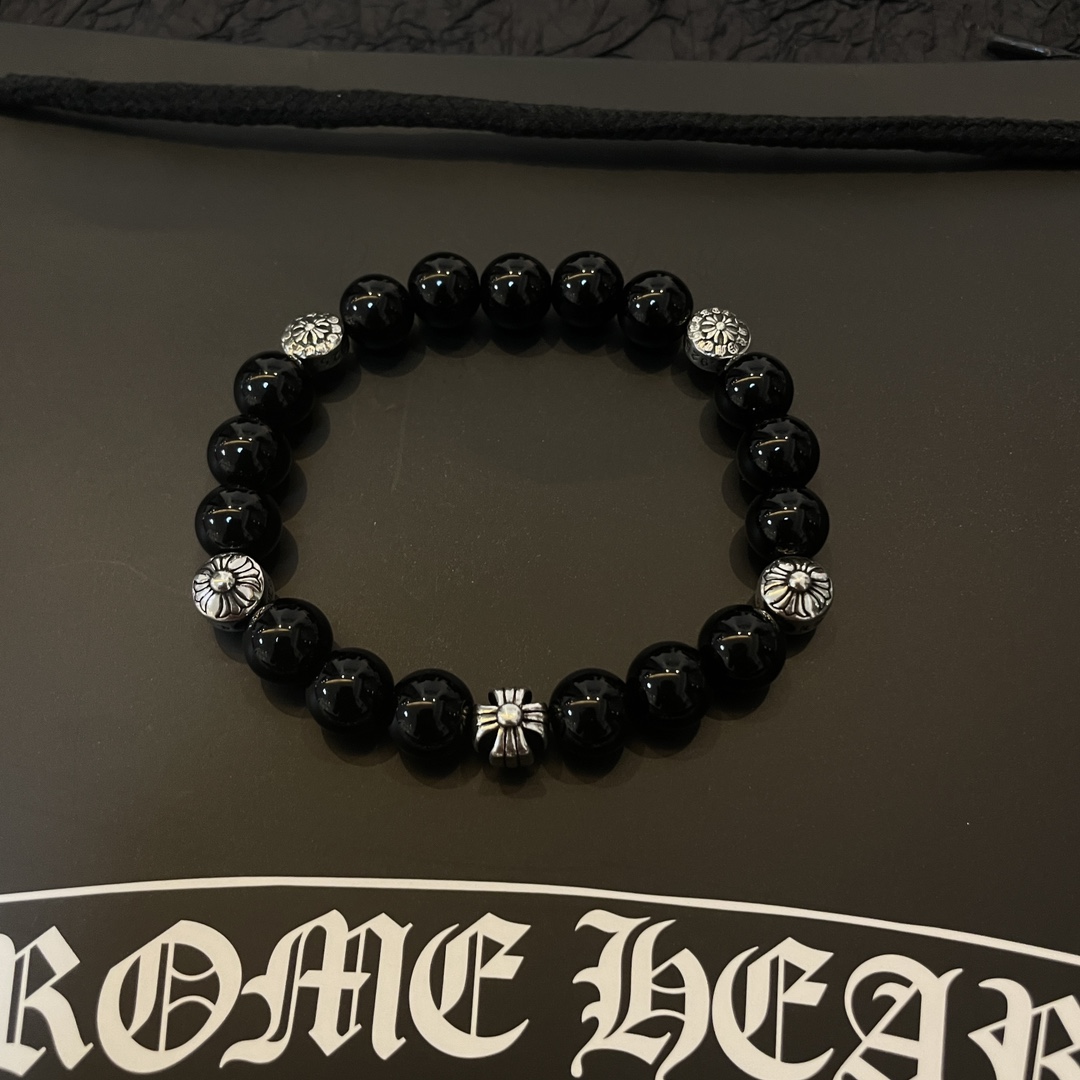 Chrome Hearts Classic Vintage Multi-Motif Obsidian Beaded Bracelet - Comprehensive 9