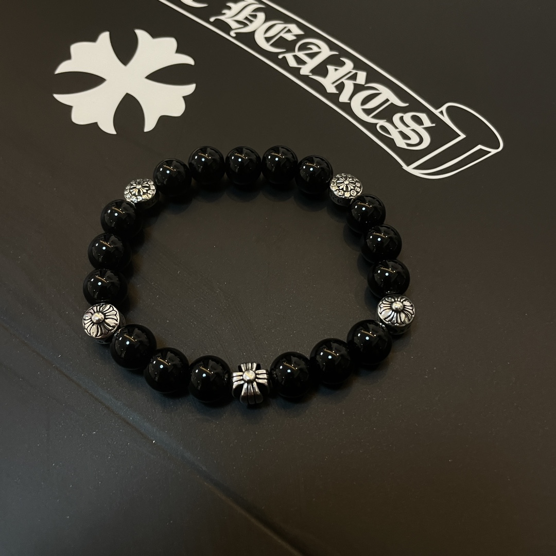 Chrome Hearts Classic Vintage Multi-Motif Obsidian Beaded Bracelet - Comprehensive 8