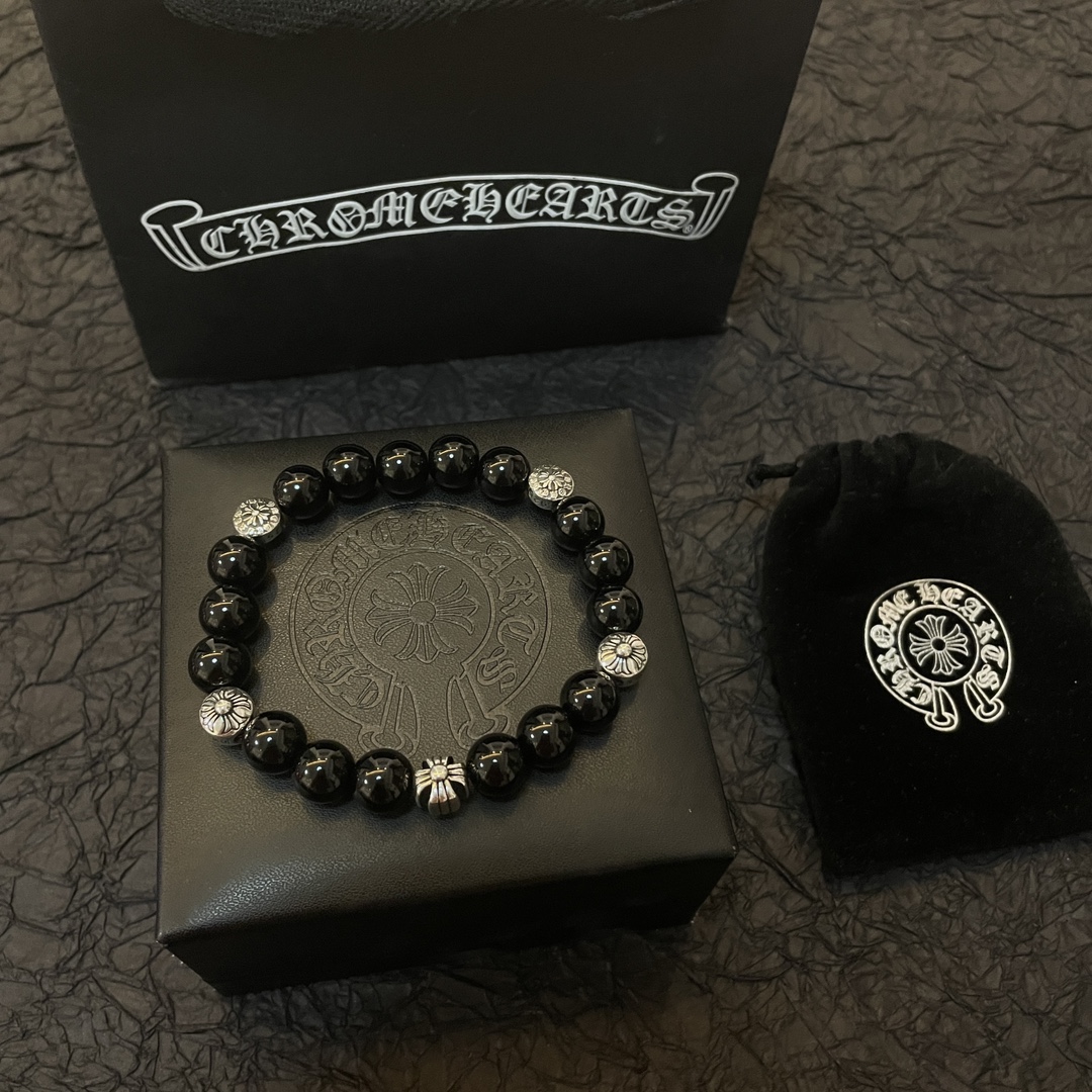 Chrome Hearts Classic Vintage Multi-Motif Obsidian Beaded Bracelet - Comprehensive 6