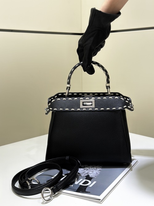 Fendi Peekaboo Iconic Black Leather Top Handle Bag with White Stitching 1 Fendi Peekaboo Iconic Black Leather Top Handle Bag with White Stitching
