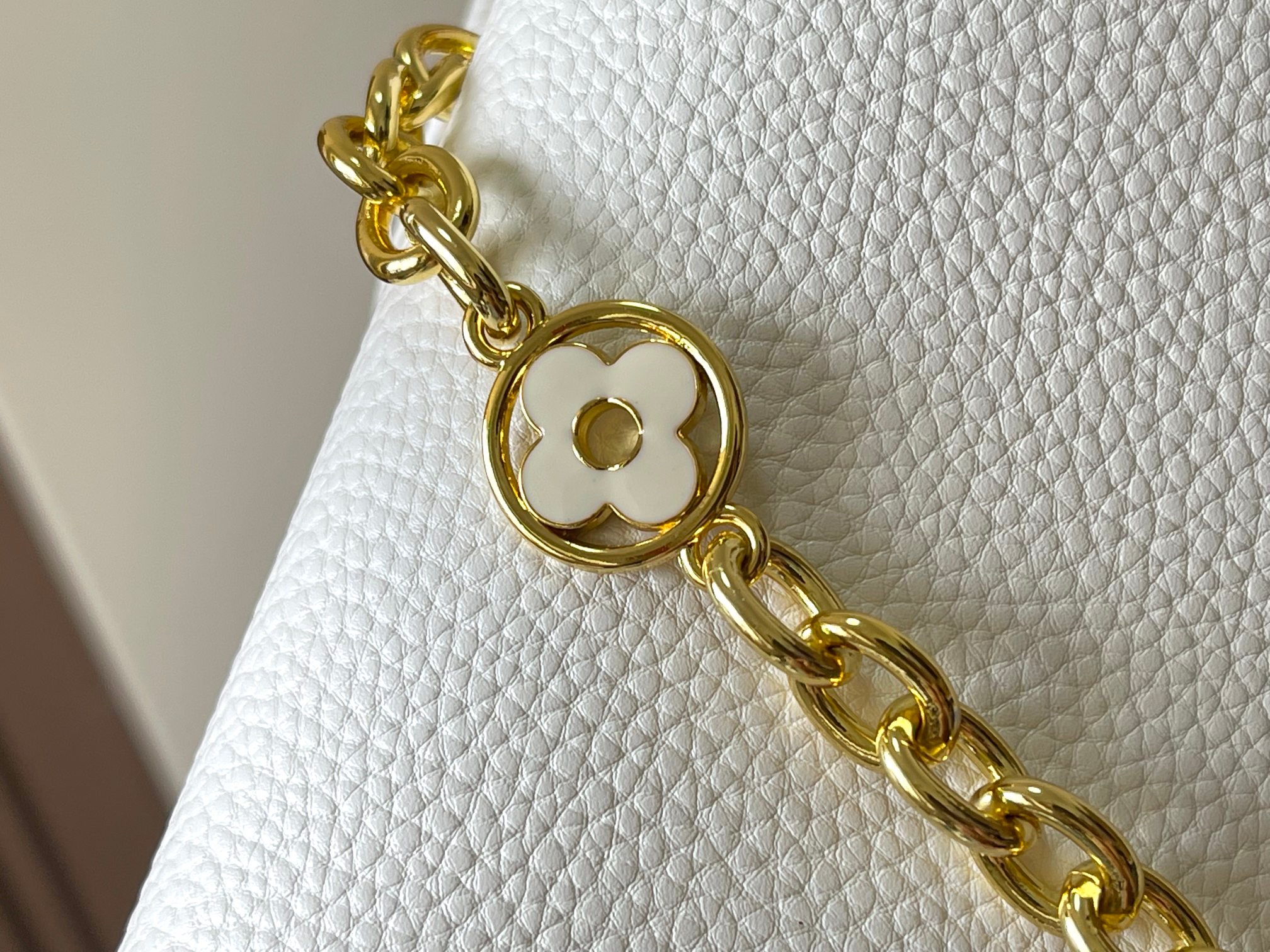 升级版 M11344白粉花卉三拼
Cap-ucines 中号手袋沐浴新季洗礼：金属 Monogram 花