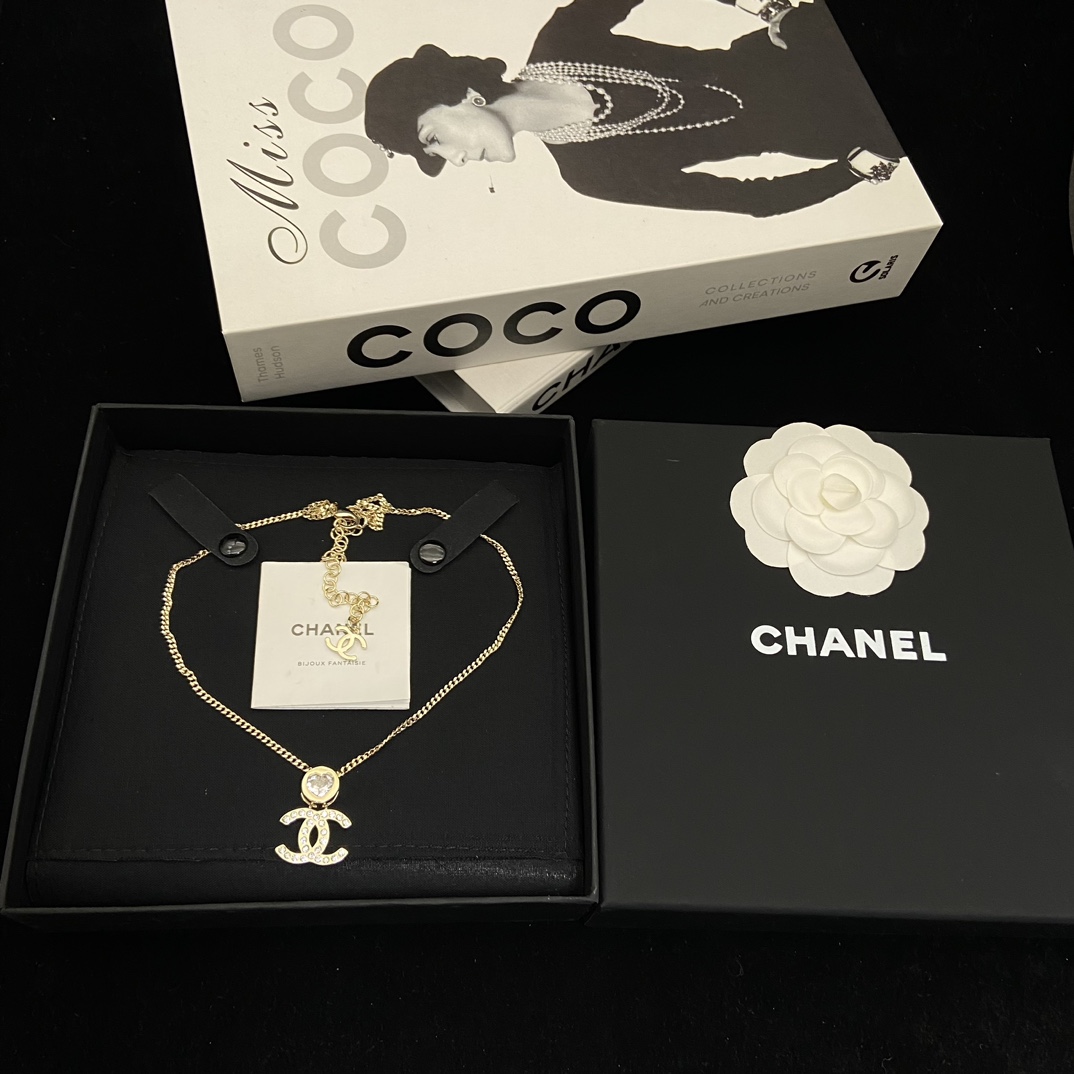 CHANEL Necklace Gold Double C Rhinestone Pendant