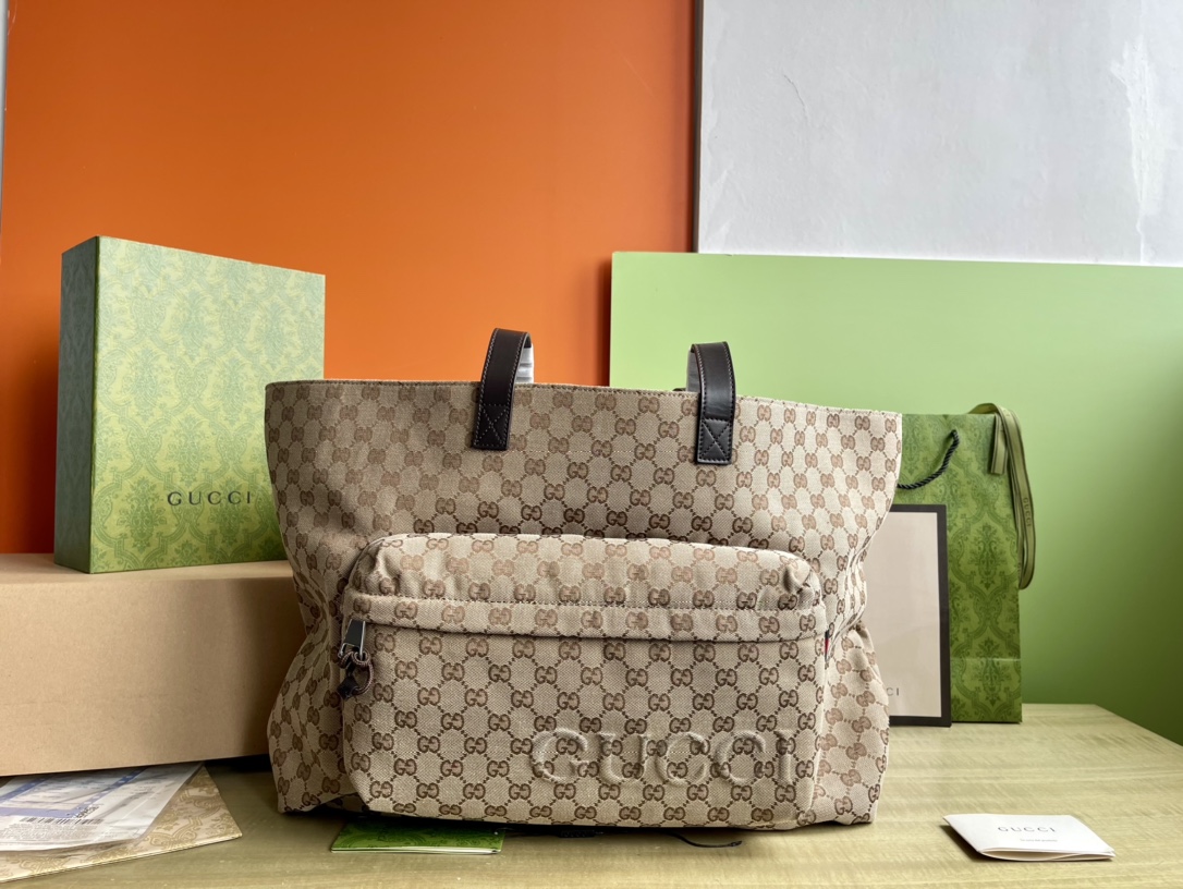 Gucci Original GG Toile Tote Bag Beige and Ebony Leather Handles