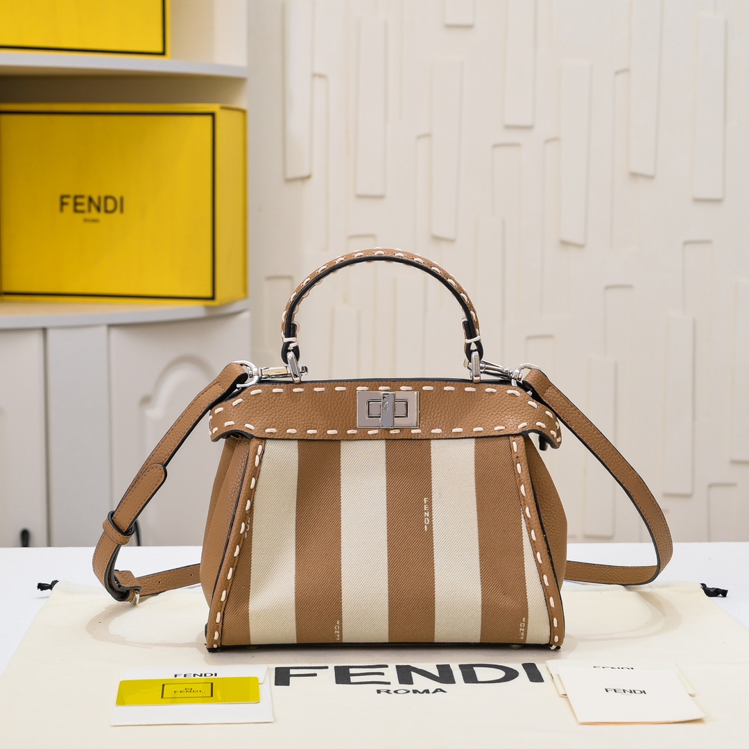 Fendi Peekaboo Bags Handbags Beige Silver Sewing Calfskin Cowhide