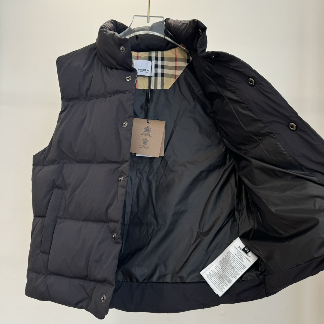 Guangzhou High Version Burberry Kids' Vest, 90% White Goose Down, Windproof, White & Black, Sizes 110-160.-Big cat