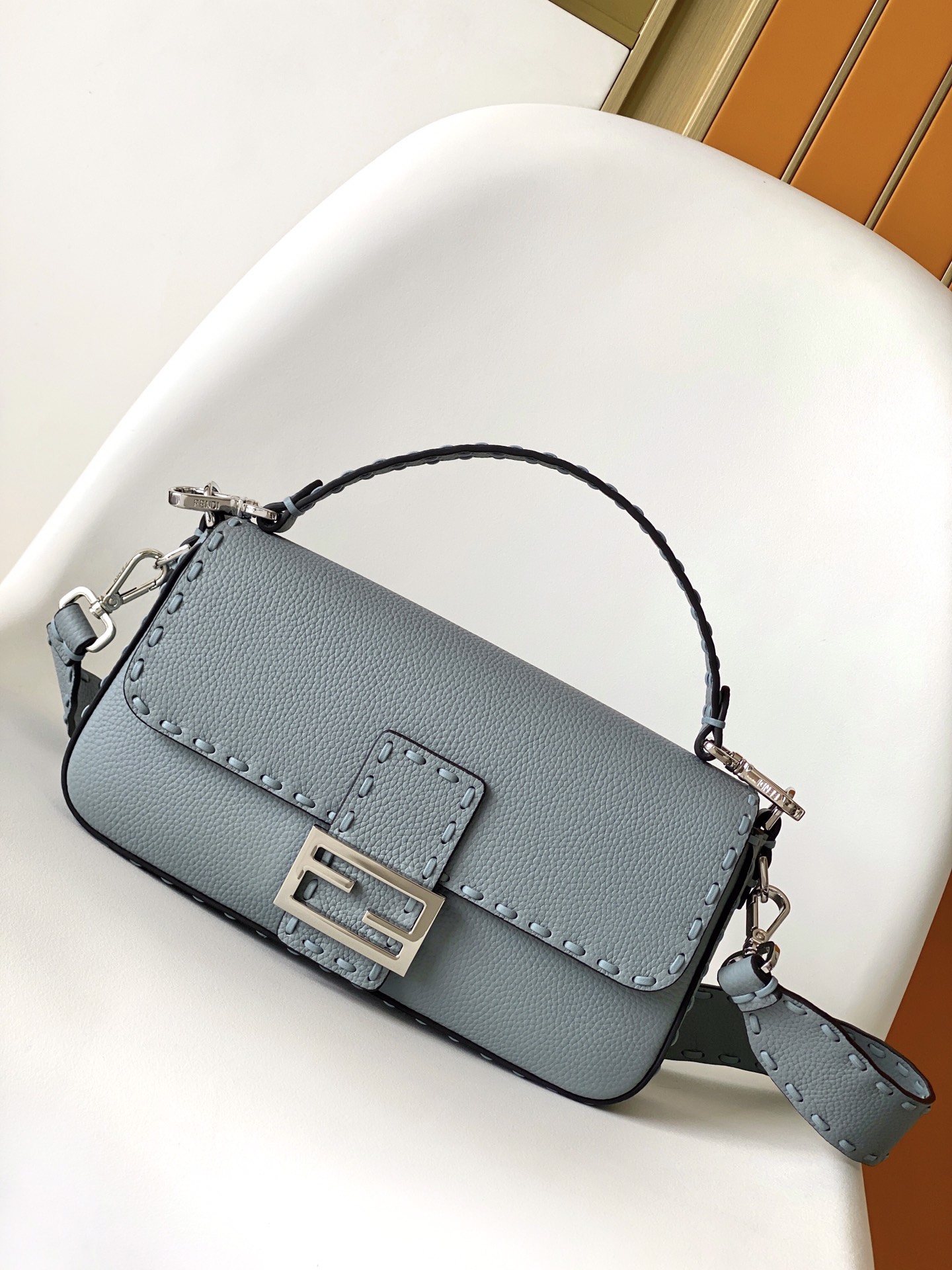 Fendi Baguette Medium Size in Gray Leather with Silver-Finish Metal Details 2 i1726378634 1896 0
