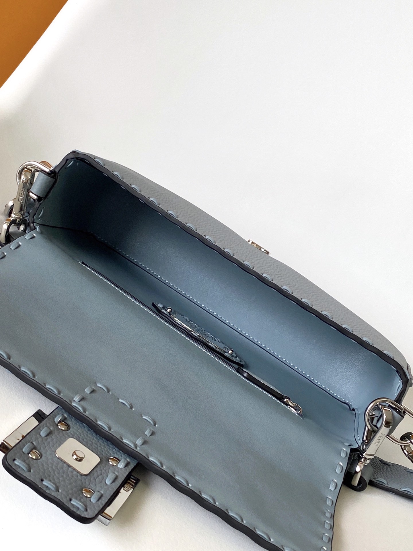 Fendi Baguette Medium Size in Gray Leather with Silver-Finish Metal Details 6 i1726378634 9677 4