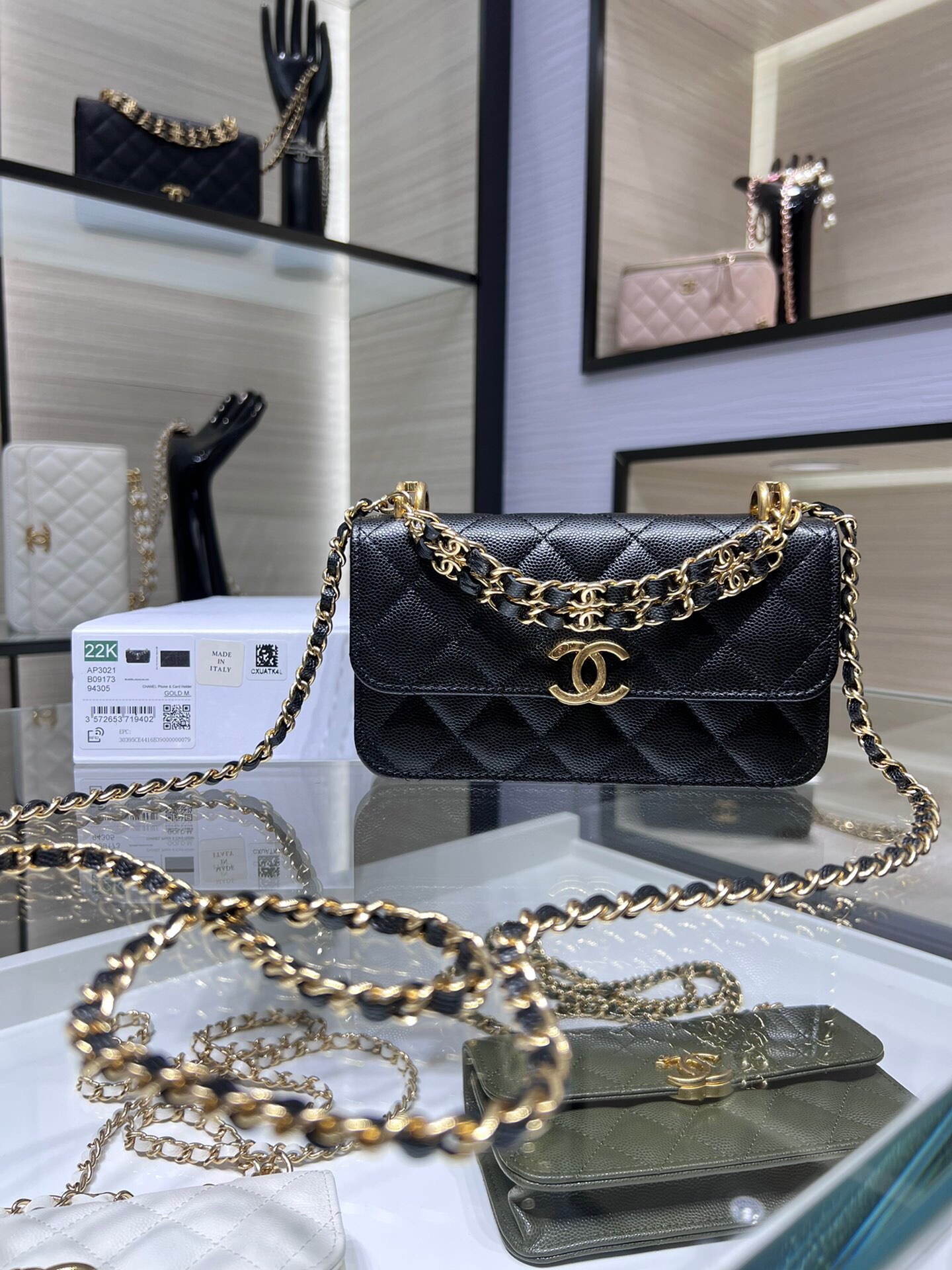 Ohanel 22K nuevo producto bolso baguette doble cadena bolso para teléfono móvil caviar se puede llevar y cruzado AY 054