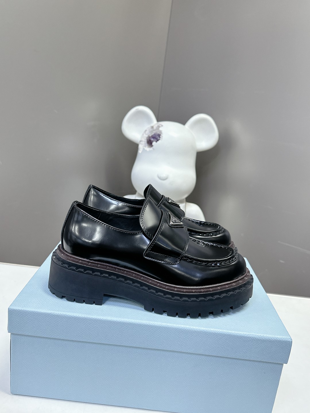 Prada Shoes Loafers Lychee Pattern Cowhide Genuine Leather Rubber Fall/Winter Collection Fashion