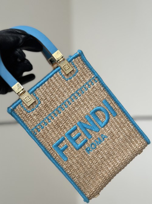 Fendi Roma Raffia Mini Bag with Blue Leather Trim and Gold Hardware 1 Fendi Roma Raffia Mini Bag with Blue Leather Trim and Gold Hardware