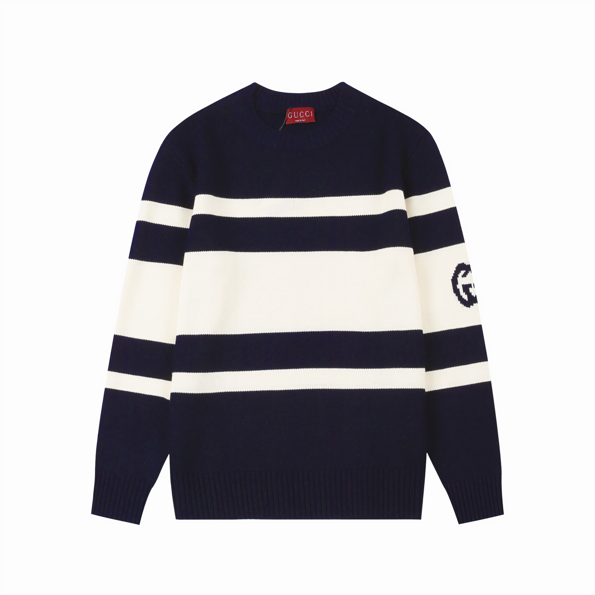 GUCC古*2024AW suéter de otoño/invierno nuevo, diseño de rayas horizontales de punto grueso, doble G en las mangas, detal…