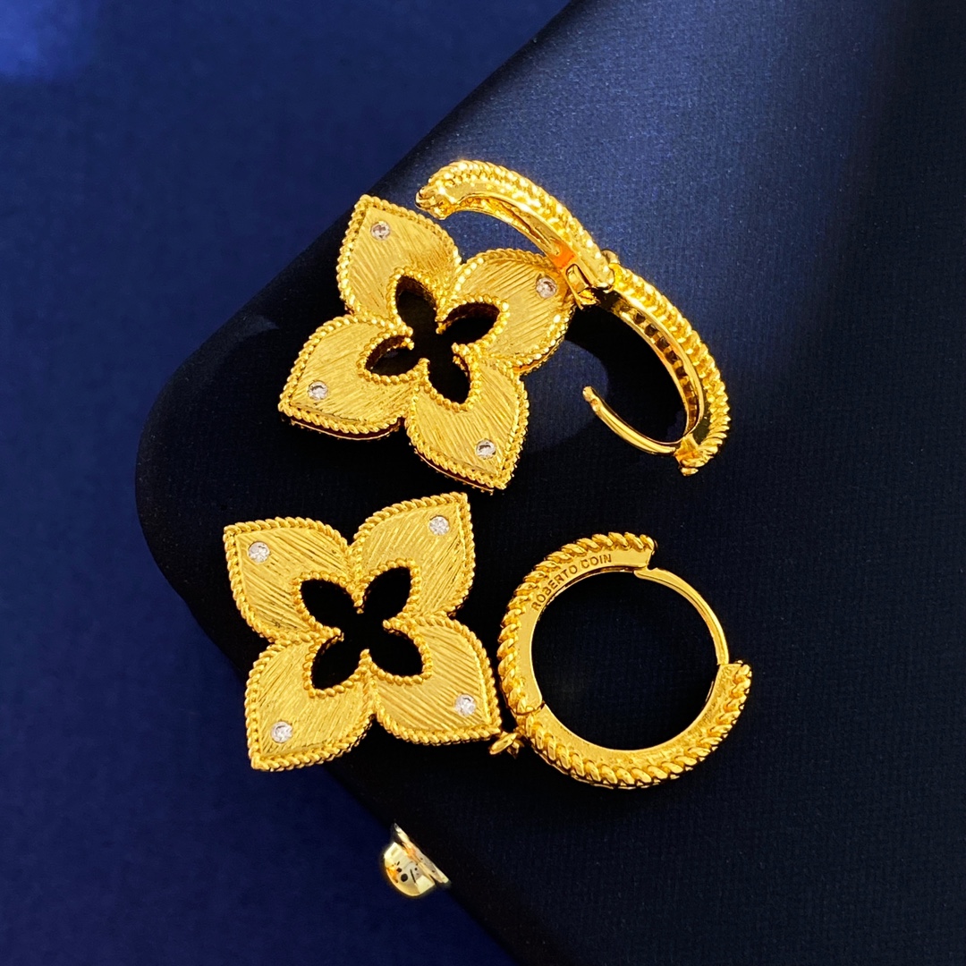 Roberto Coin Venetian Princess earrings yellow gold with clear diamond accents 15mm hoop diameter 20mm drop length