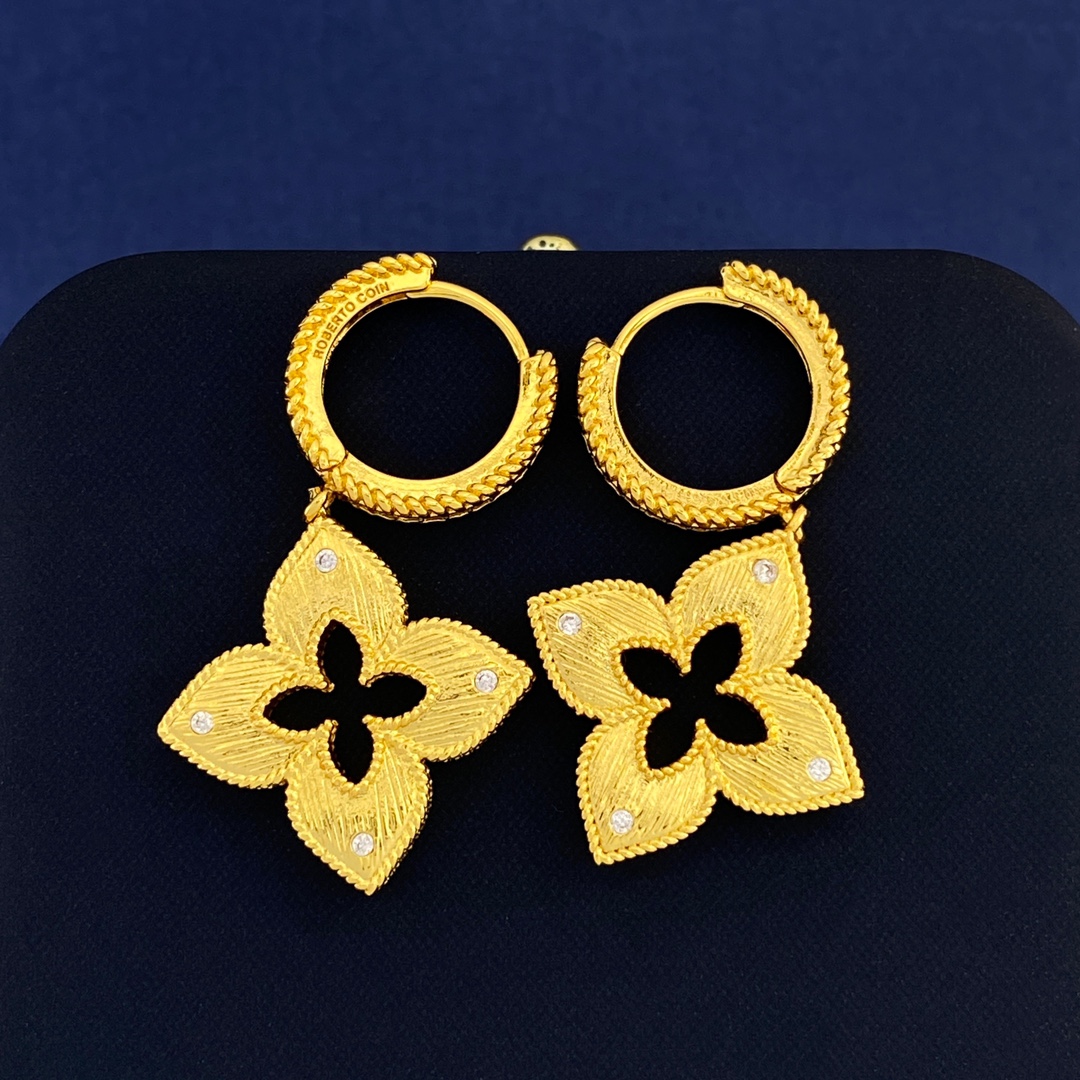 Roberto Coin Venetian Princess earrings yellow gold with clear diamond accents 15mm hoop diameter 20mm drop length