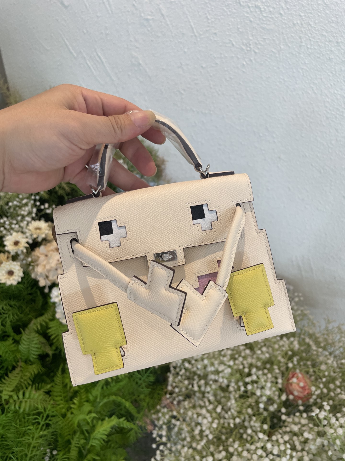 Hermès Mosaic doll bag, cream white in stock, real shot after customer order and delivery