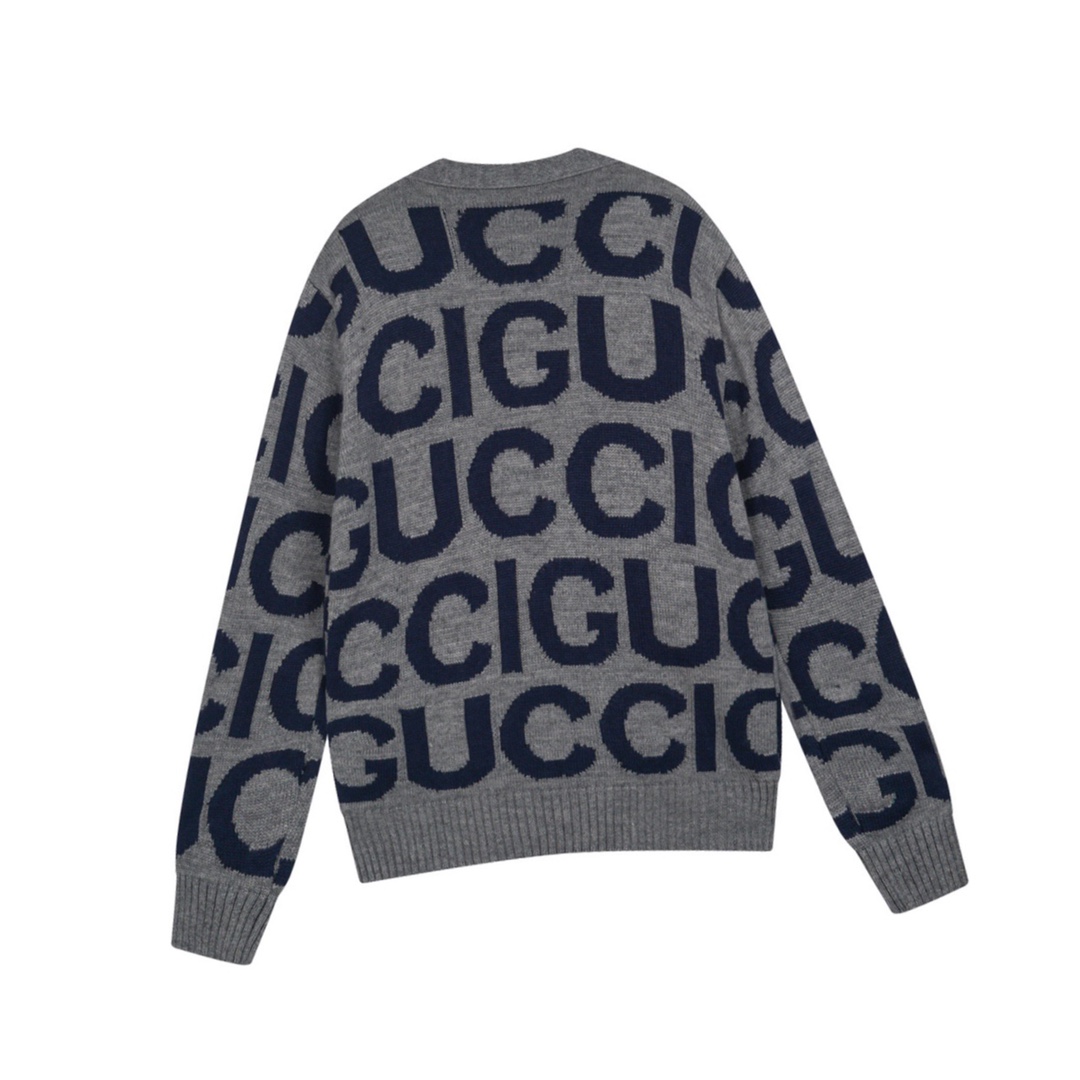 古驰/Gucci 秋冬新品 蓝色字母镶嵌针织开衫毛衣 经典V领开衫