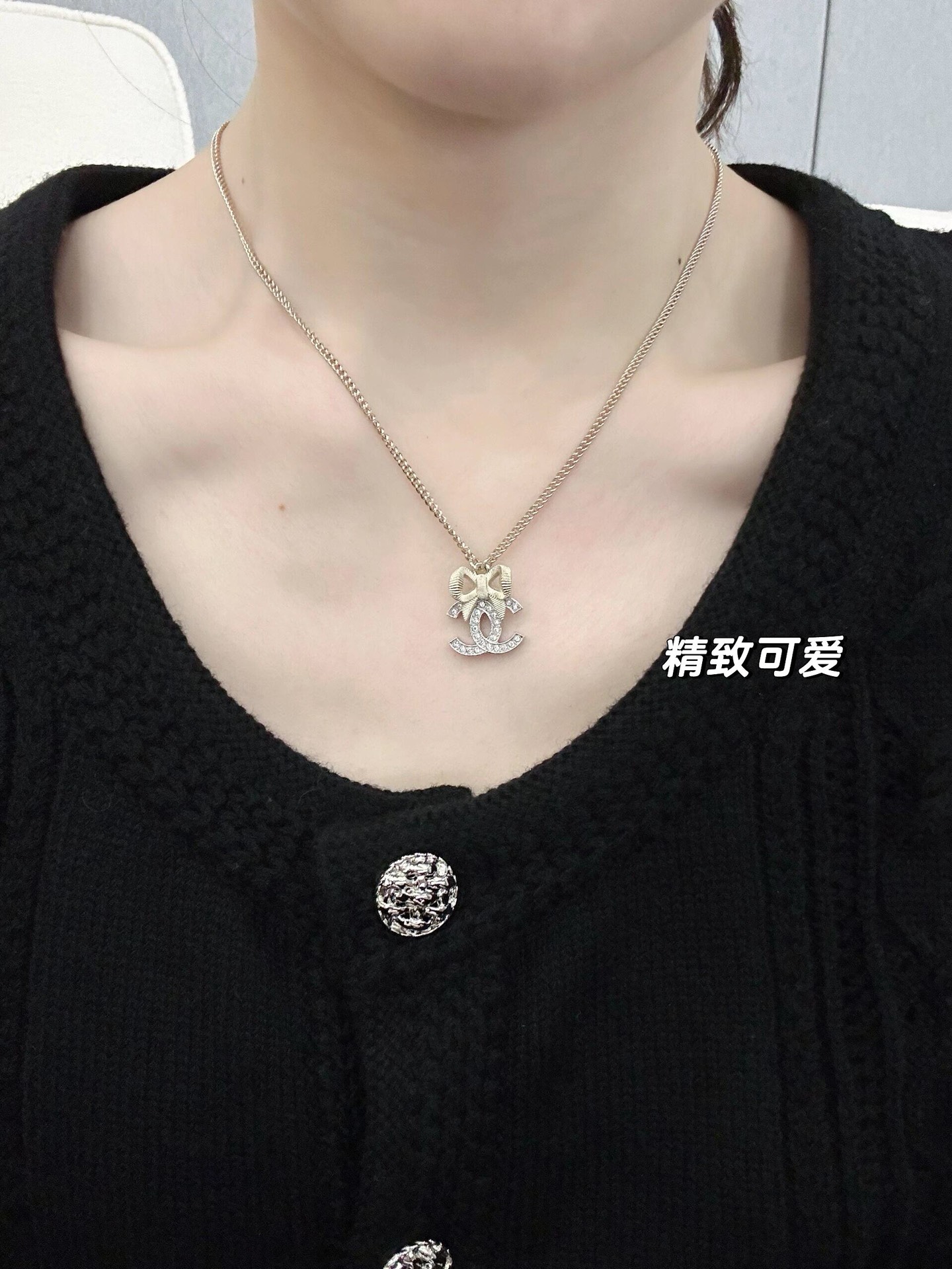 NO:104066,Xiaoxiang new light gold bow silver two-color full diamond necklace, Chanel necklace, chanel, necklace19860909小香新款浅金蝴蝶结银色双色满钻项链,香奈儿项链,chanel,necklace,Jewelry