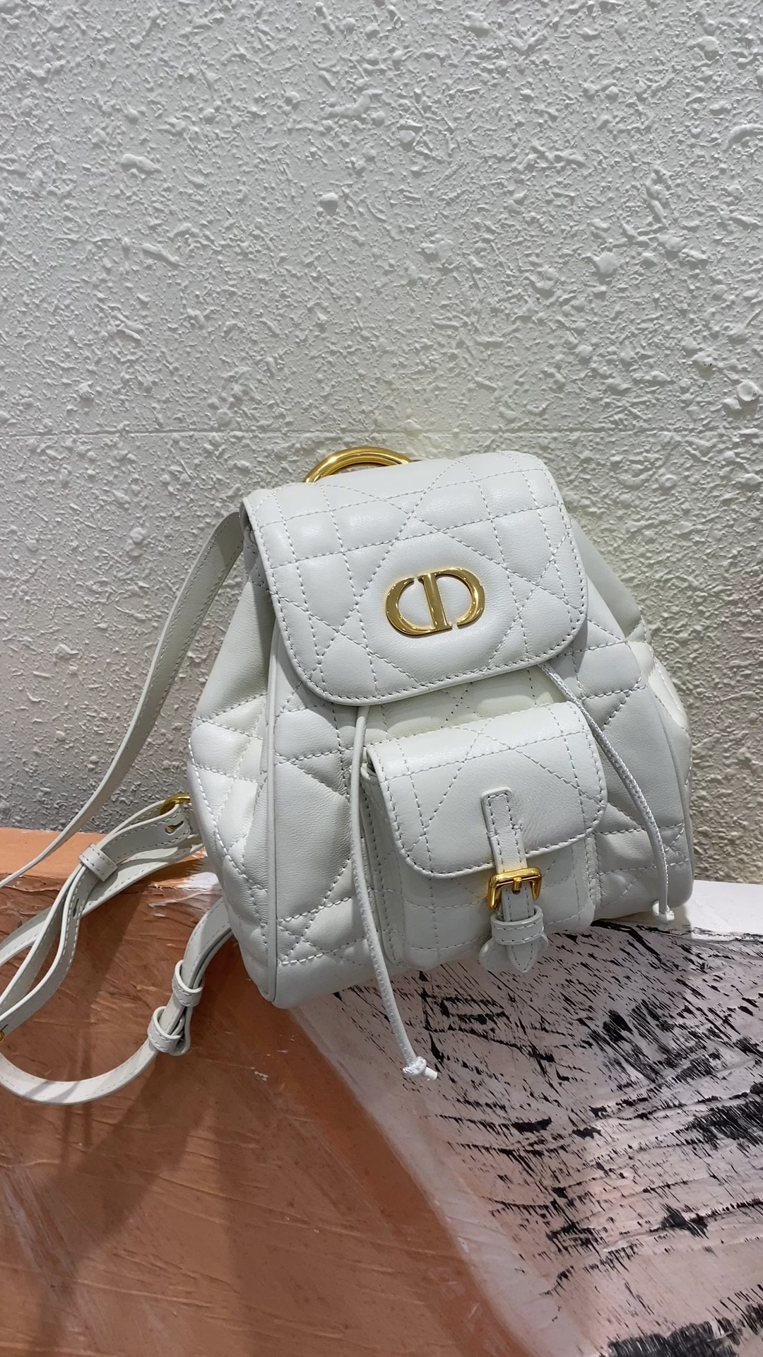 Dior Caro Bolsos Mochila Oro Blanco retro Cuero de vaca Piel oveja Colección primavera Vintage