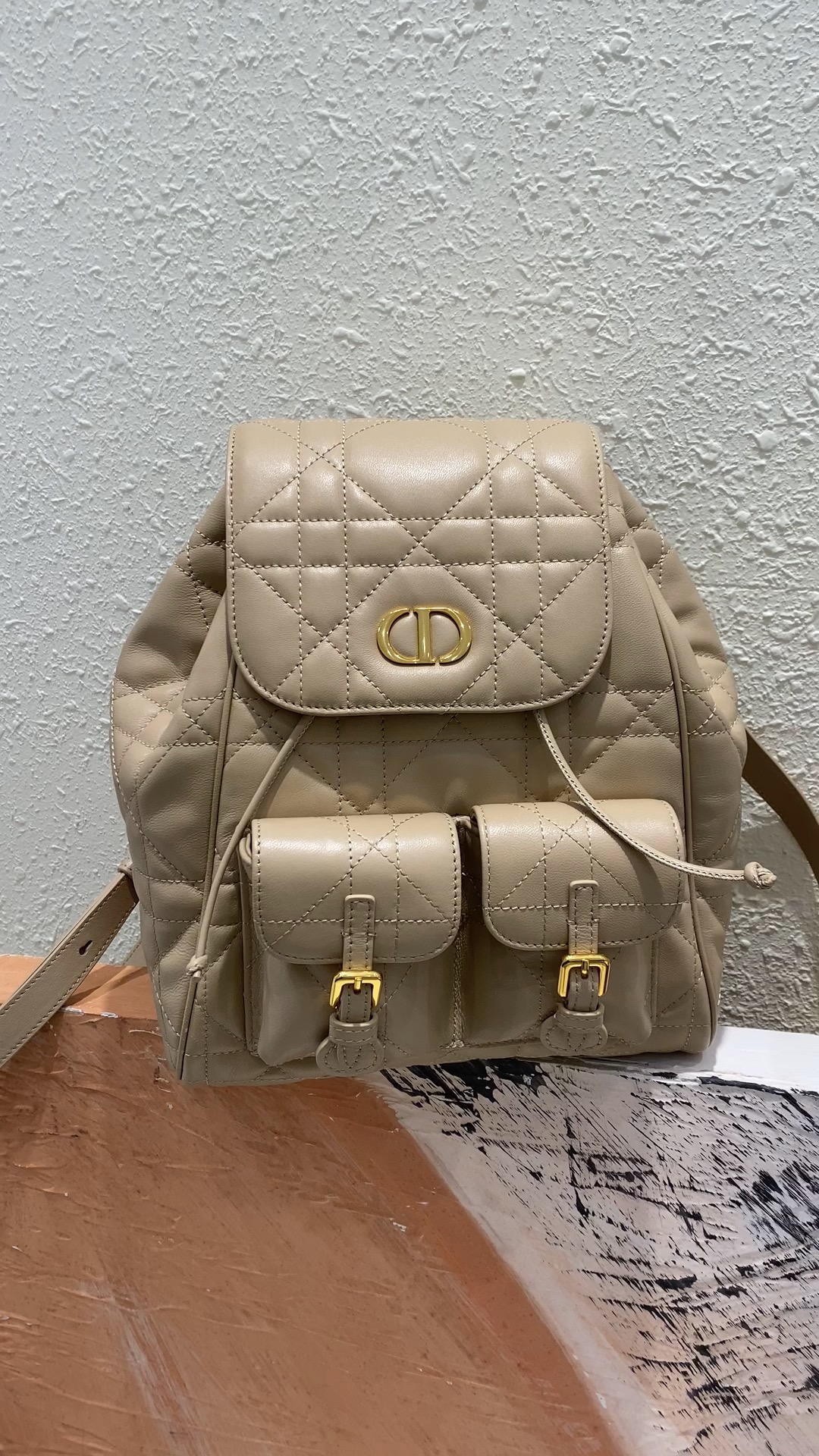 Dior Caro Bolsos Mochila Oro Color del té con leche retro Cuero de vaca Piel oveja Colección primavera Vintage