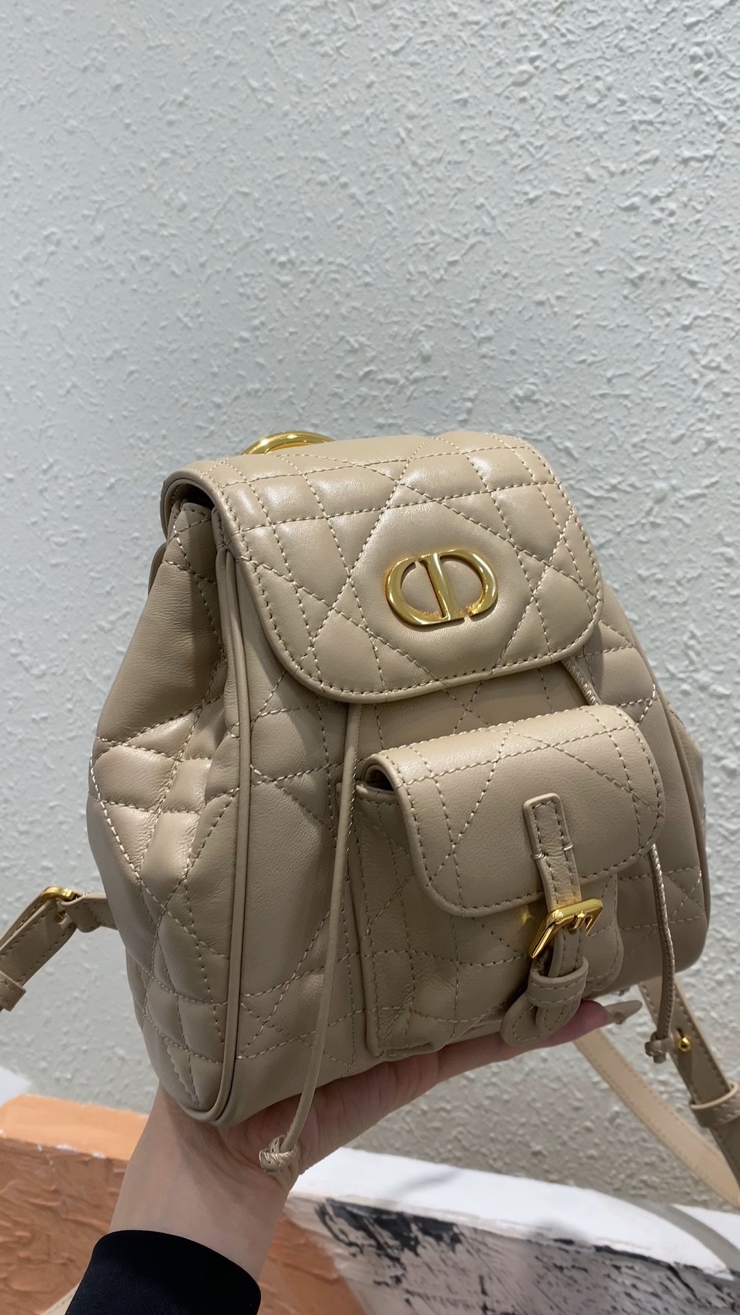 Dior Caro Bolsos Mochila Oro Color del té con leche retro Cuero de vaca Piel oveja Colección primavera Vintage