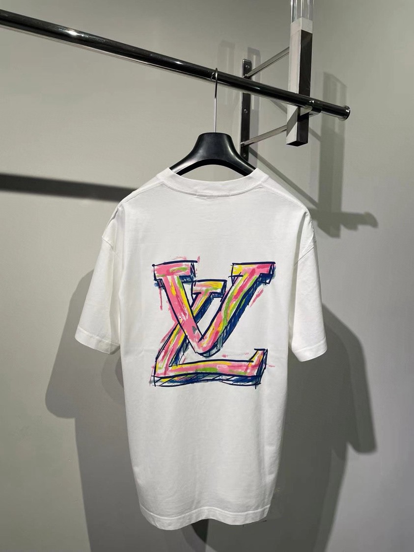 Louis Vuitton Clothing T-Shirt Blue Doodle Green Red White Printing Unisex Cotton Spring Collection