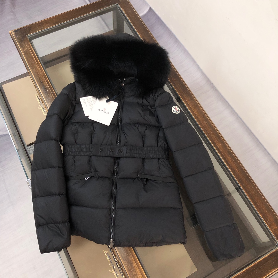 🆕MONCLER Chaqueta de plumón corta con capucha y cuello de lana para mujer, réplica original 1:1👍 Con cinturón elástic…