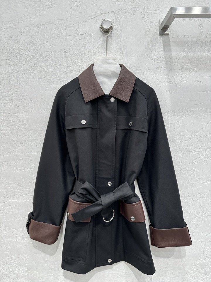 He*mè*24 Women's Black Trench Coat with Leather Collar and Belted Waist