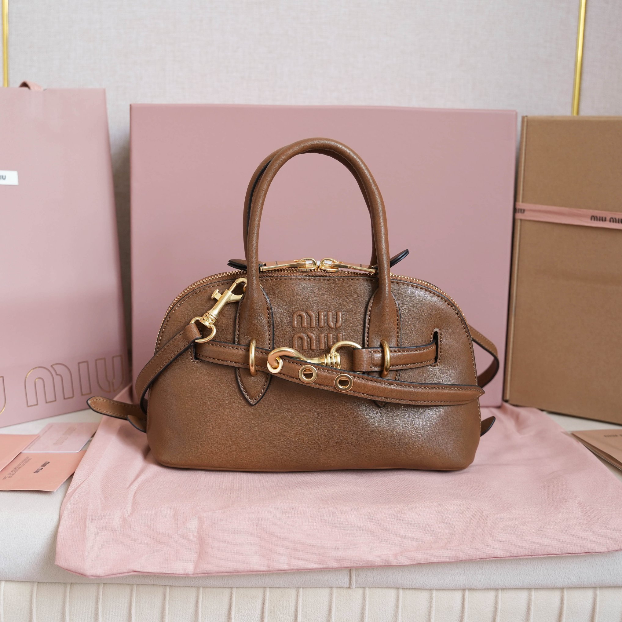 Miu Miu Aventure Nappa Leather Top Handle Bowling Bag, Brown Leather 2 a1729840710571 0108