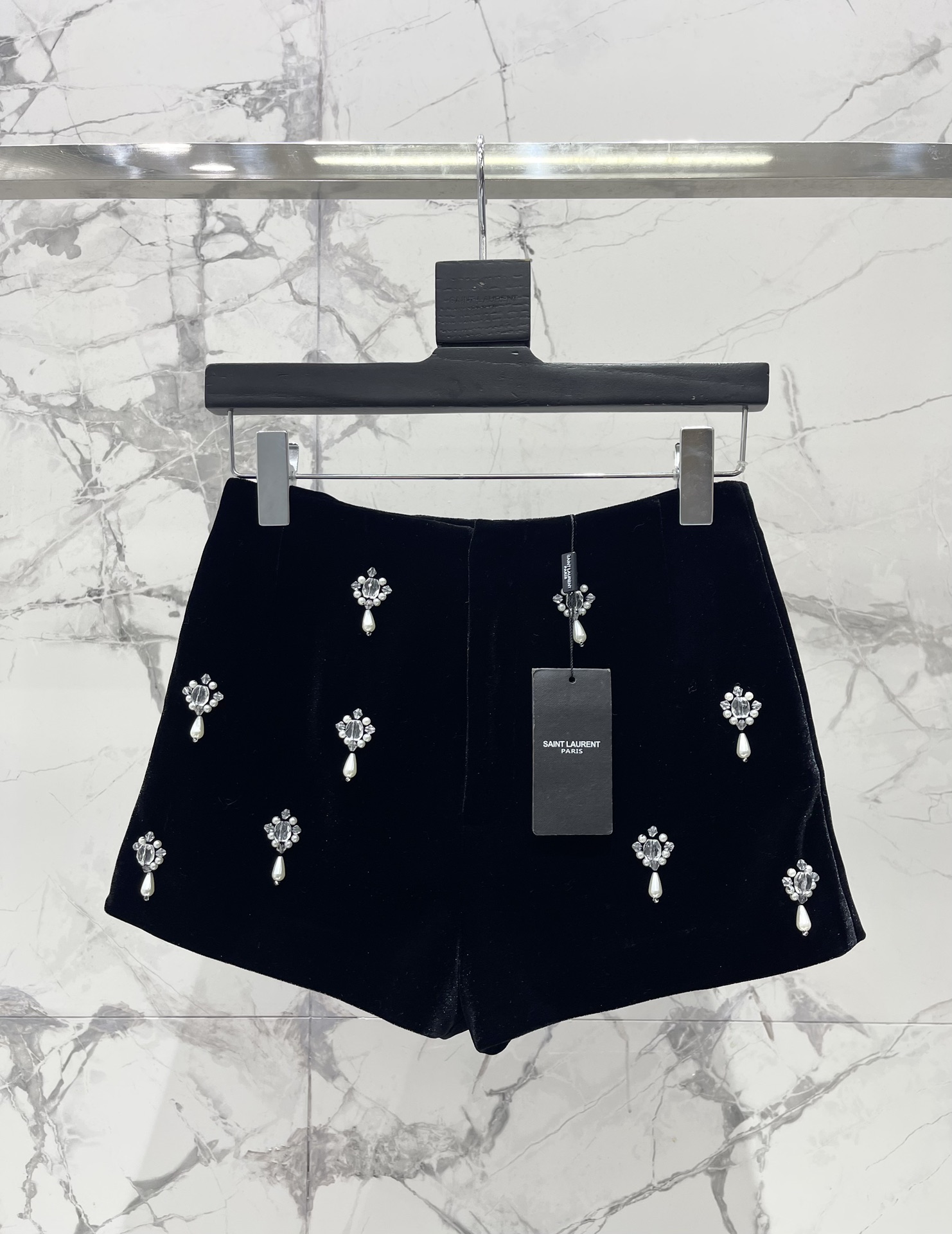 Yves Saint Laurent Black Velvet High-Waisted Shorts with Rhinestone Embellishments 2 i1729846960 157 0