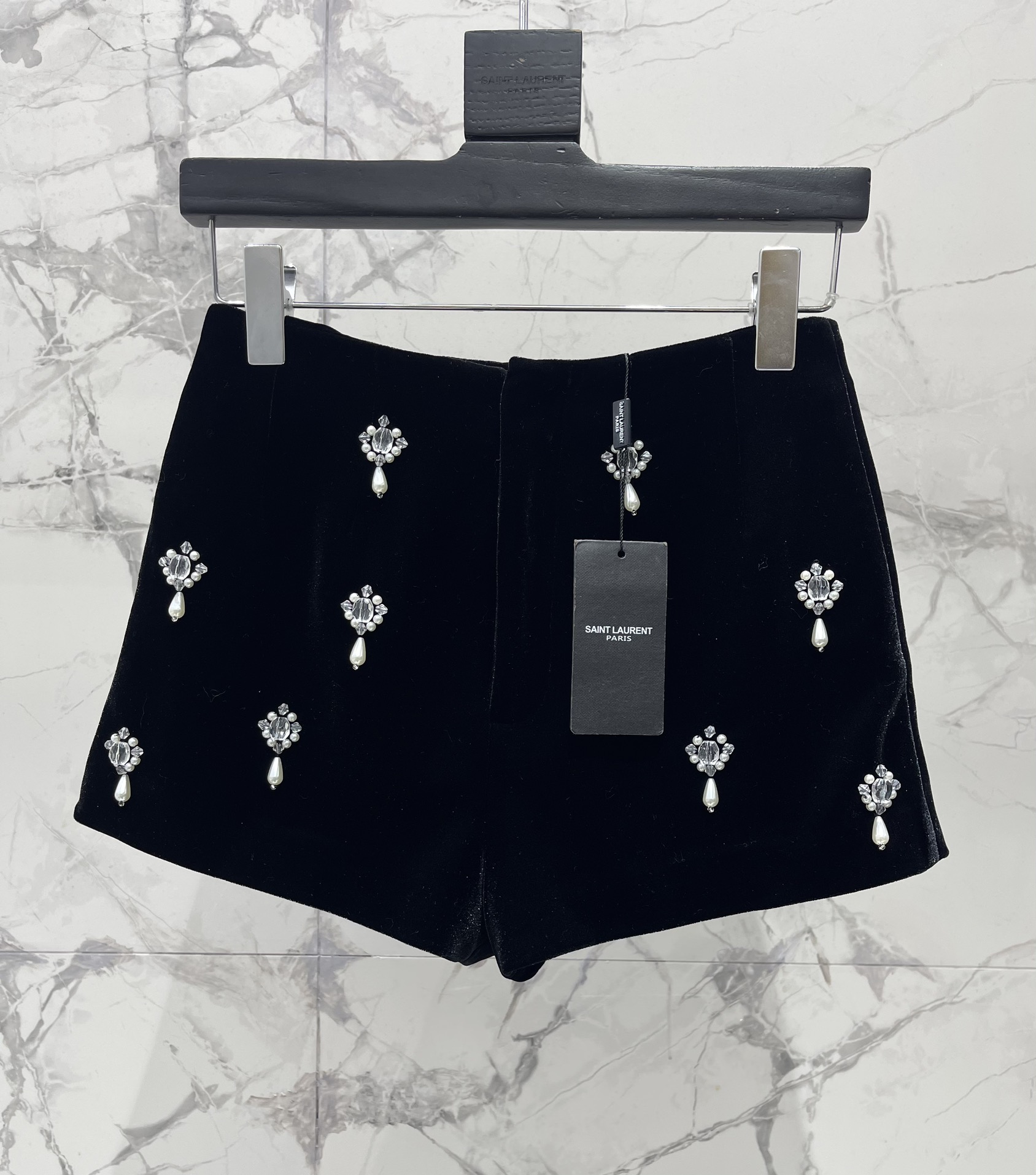 Yves Saint Laurent Black Velvet High-Waisted Shorts with Rhinestone Embellishments 3 i1729846960 5446 1