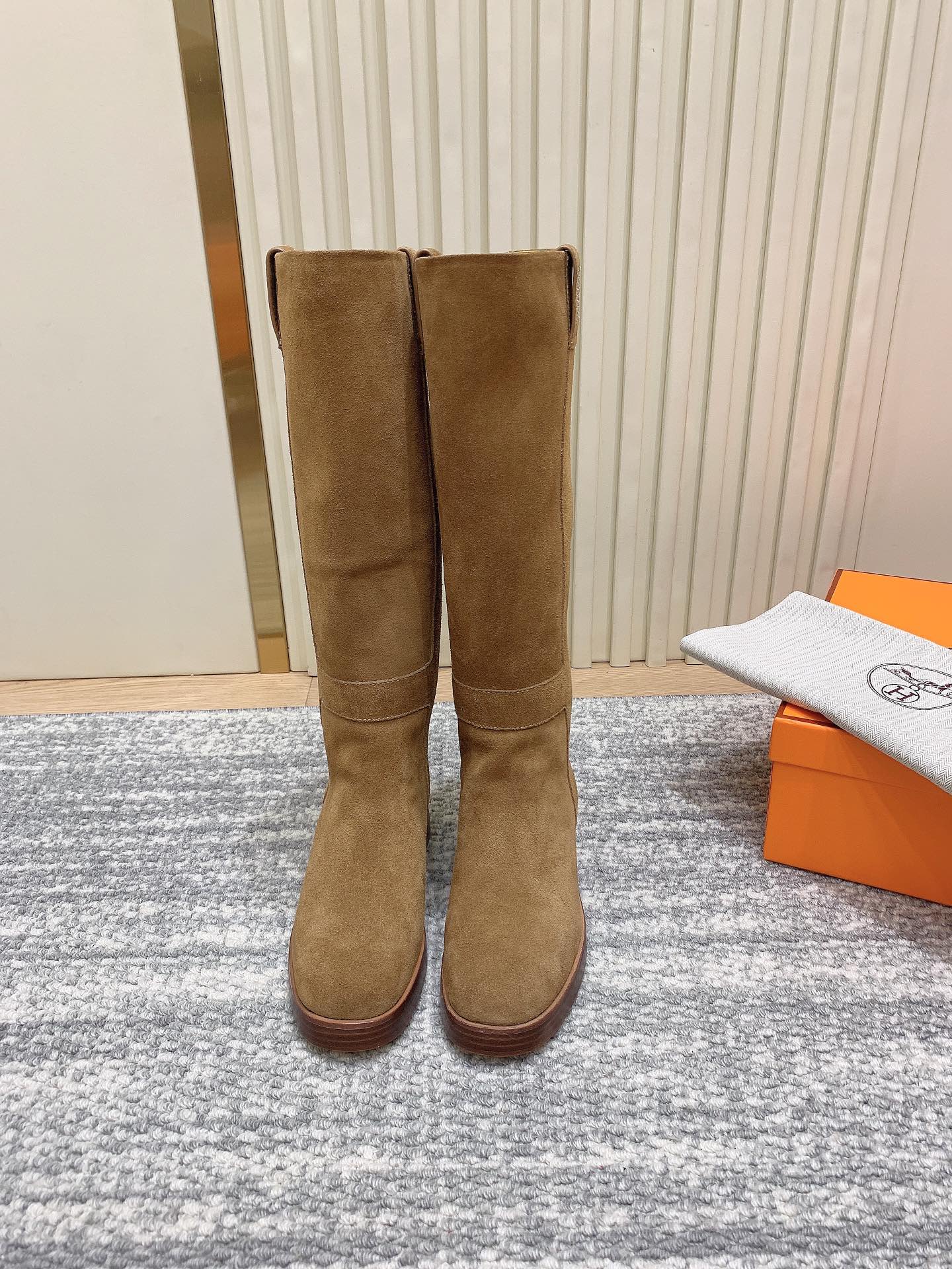 Hermes Botas Longas Chamas Couro de vaca genuíno Pele carneiro Colecção Outono/Inverno