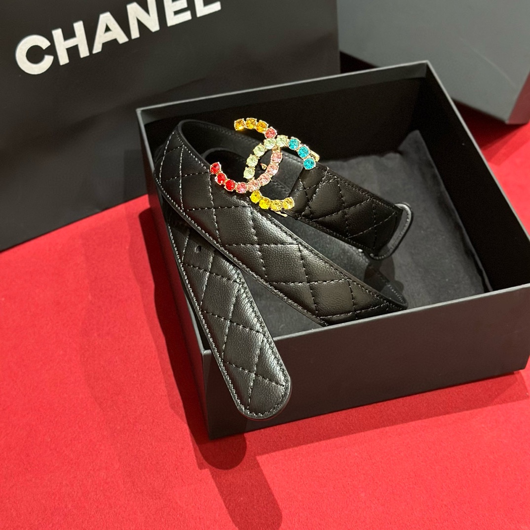 -Chanel 24c 彩色水钻 logo搭扣 黄铜金属 进口胎牛皮带身 手感柔软 细腻 3.0cm