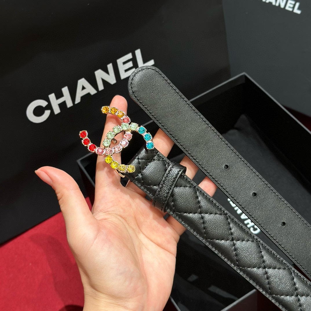 -Chanel 24c 彩色水钻 logo搭扣 黄铜金属 进口胎牛皮带身 手感柔软 细腻 3.0cm