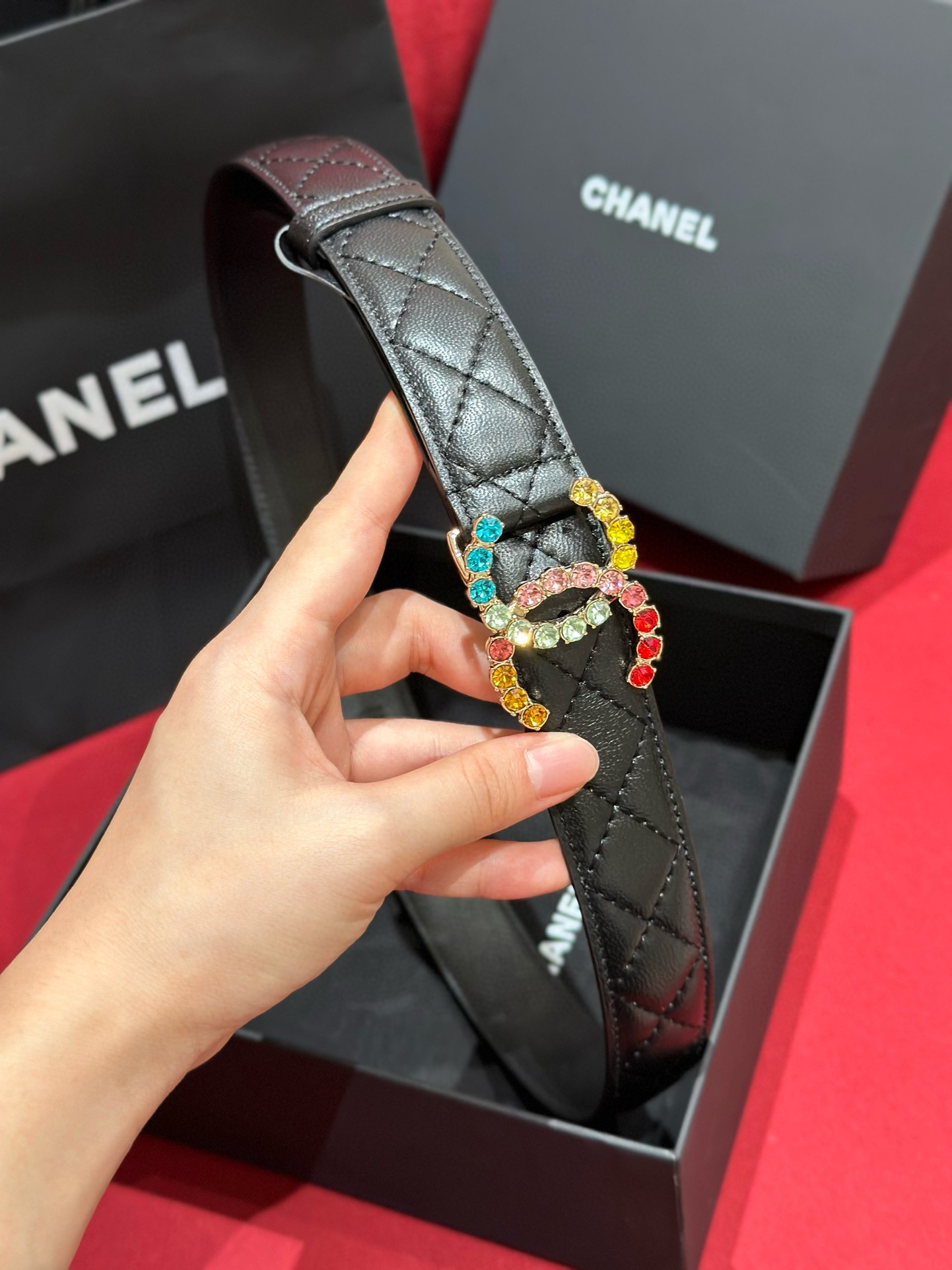 -Chanel 24c 彩色水钻 logo搭扣 黄铜金属 进口胎牛皮带身 手感柔软 细腻 3.0cm