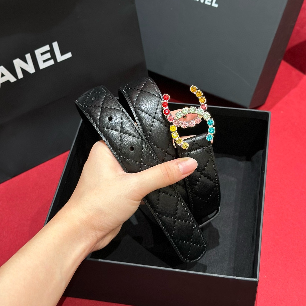-Chanel 24c 彩色水钻 logo搭扣 黄铜金属 进口胎牛皮带身 手感柔软 细腻 3.0cm
