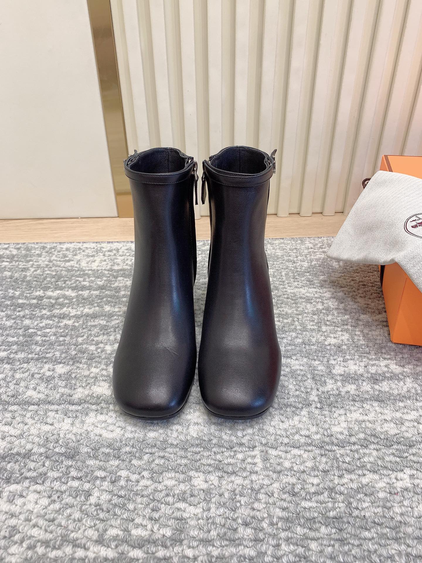 Hermes Botas Curtas Preto Chamas Couro de vaca genuíno Pele carneiro Colecção Outono/Inverno