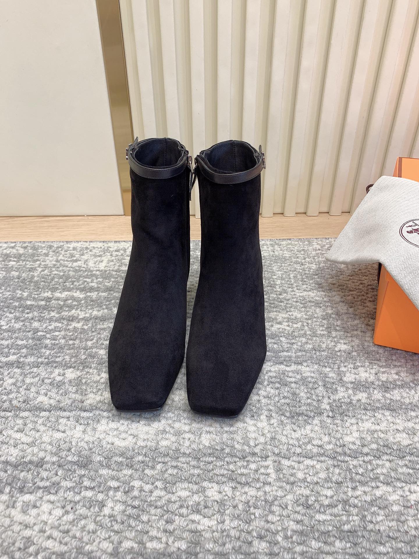 Hermes Botas Curtas Preto Chamas Couro de vaca genuíno Pele carneiro Colecção Outono/Inverno