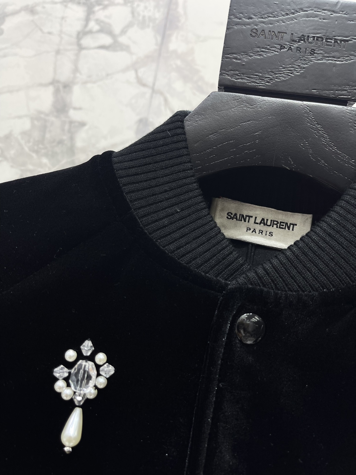 Yves Saint Laurent Embellished Velvet Jacket - Diamond Studded, Black, Women's 4 i1730193571 3764 2