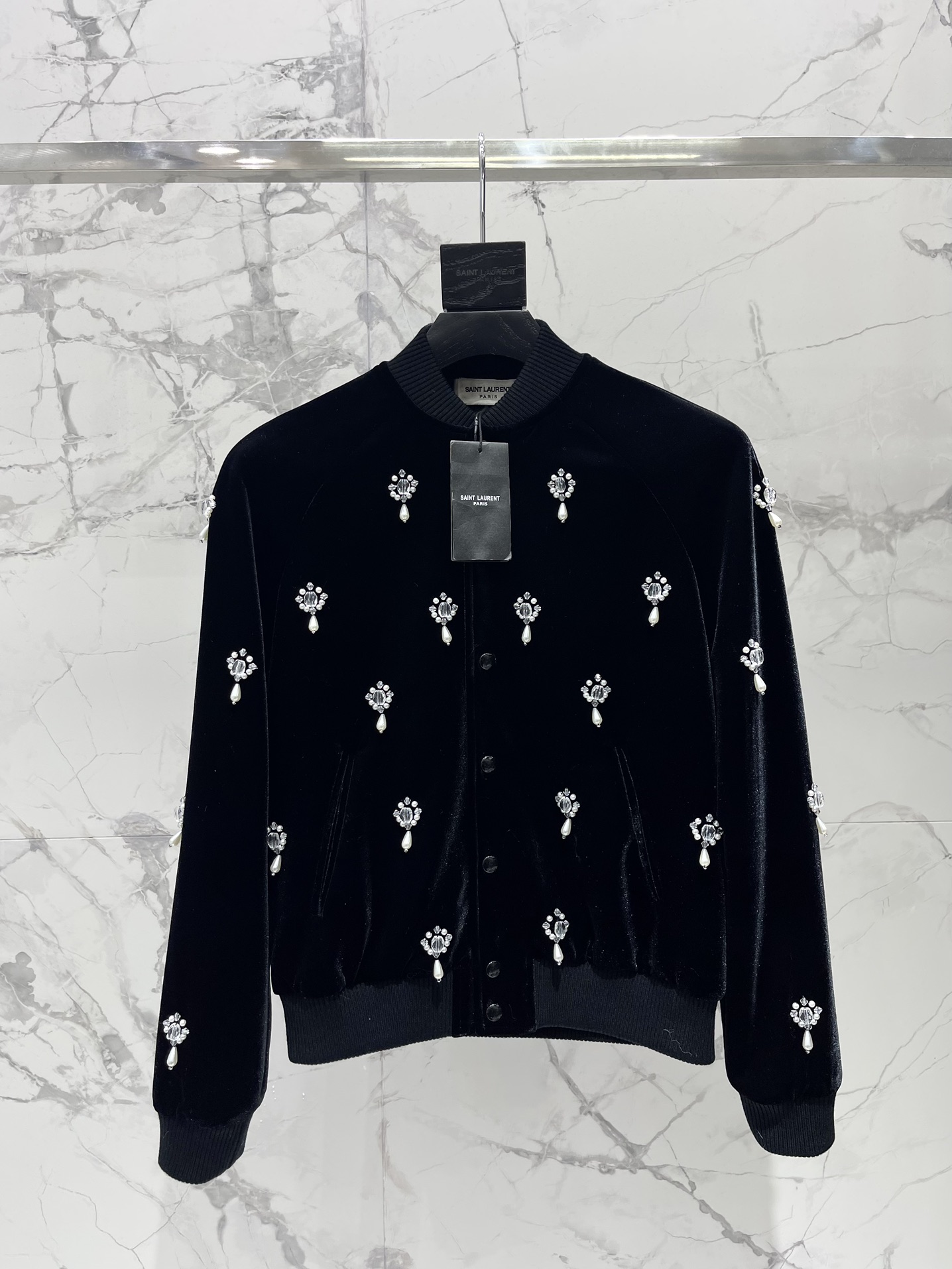 Yves Saint Laurent Embellished Velvet Jacket - Diamond Studded, Black, Women's 2 i1730193571 9999 0