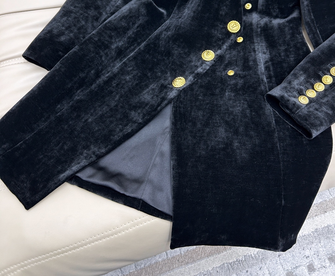 Balmain Black Velvet V-Neck Gold Button Waist Slimming Dress 4 i1730281792 4201 3